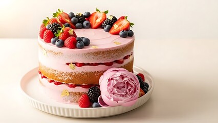 Elegant Pink Berry Cake with Fresh Strawberries and Peony Flower Decoration