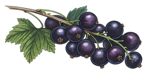Fototapeta premium Ripe blackcurrant berries on a branch with green leaves, illustrated in a detailed vintage engraving style. Isolated on a transparent background, ideal for food, botanical, and natural health designs.