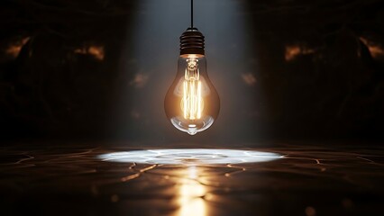 Inspirational Light Bulb Glowing in Dark Over Cracked Earth Floor