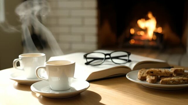 Steaming coffee cups with biscotti, an open book, and reading glasses on a wooden table, featuring a cozy fireplace in the background. Ideal for warm drinks, reading, autumn, winter, relaxation,