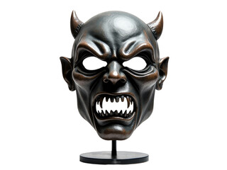 A detailed view of a mask on a pedestal, perfect for use in mysterious or spooky settings