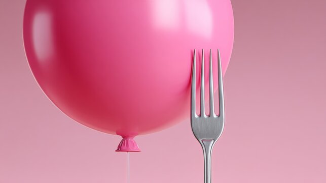 A pink balloon is sitting on top of a fork. The fork is bent and the balloon is deflated. The image is whimsical and playful, with the balloon and fork creating a sense of lightheartedness and fun
