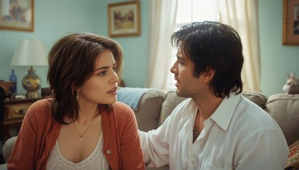 Obraz premium Couple Sits Together in a Cozy Room While Talking About Their Feelings and Sharing Personal Stories