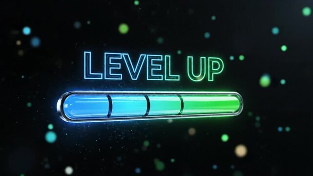Futuristic digital level up loading bar animation with a glowing blue and green progress bar interface over a dark background