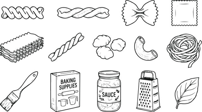 Set of 12 Black and White Pasta and Cooking Ingredient Icons Vector