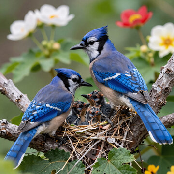 Family of blue jays nesting in a Minnesota garden
