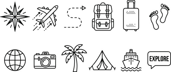 Set of 10 Black Outline Travel and Vacation Icons Vector