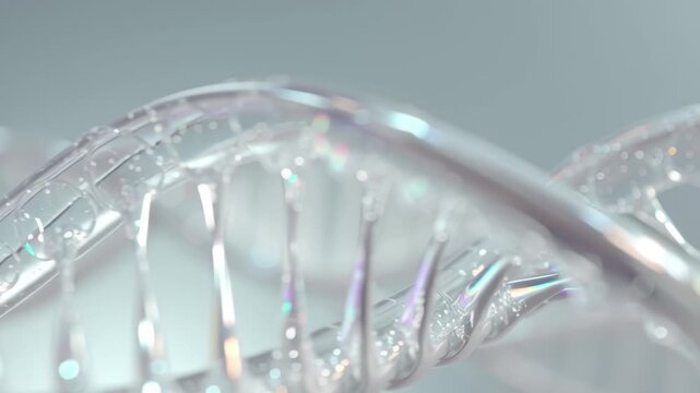 A crystal-clear, shimmering DNA double helix model, illuminated from within. An icon for genetic research, genome sequencing, and revolutionary medical breakthroughs.
