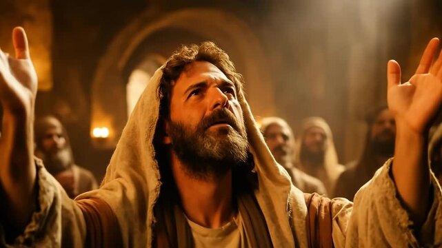 A depiction of Jesus Christ leading his disciples in prayer. A man with hands raised looks up towards a divine light in worship. A cinematic scene of faith, hope, and spirituality