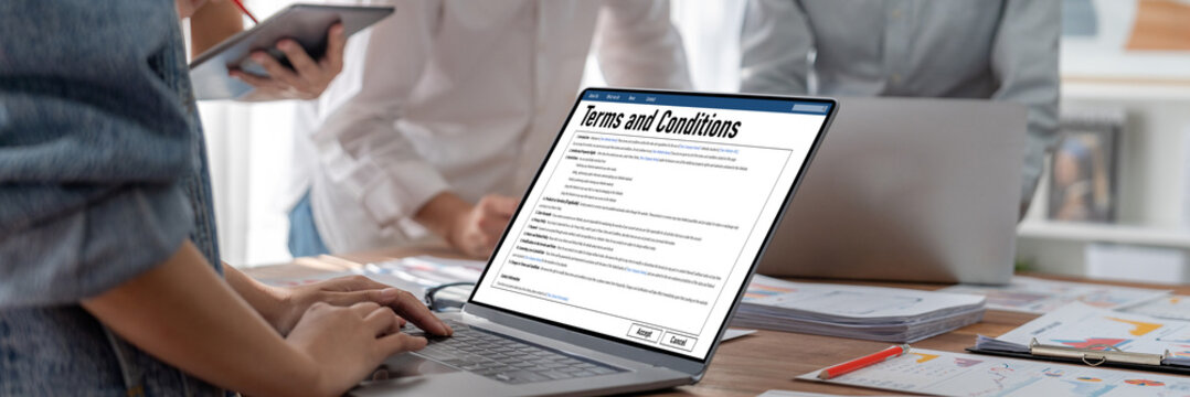 Digital legal contract provide terms and conditions document on computer screen ready for online digital signature for deal agreement of future business brisk