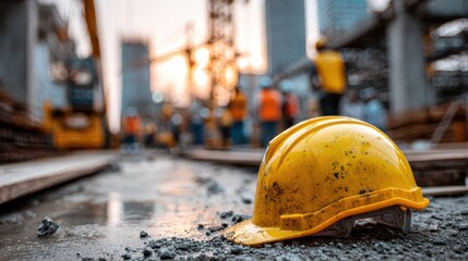Hard hat on ground with blurred construction cranes in background, safety awareness concept, photorealistic