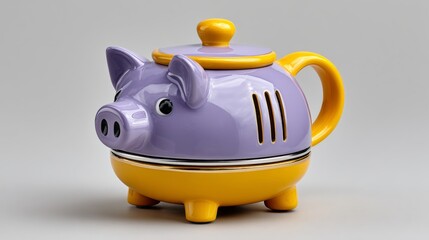 A pig shaped tea kettle with a yellow lid. The pig is sitting on a yellow base