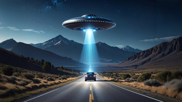 An ufo illuminating a car at dusk on an empty road