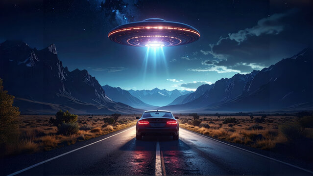 An ufo illuminating a car at dusk on an empty road