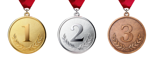 Set of Gold Silver and Bronze Award Medals with Red Ribbons Isolated on Transparent and White Background
