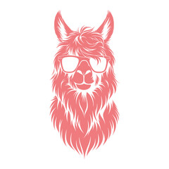 Obraz premium stylized pink llama face illustration wearing sunglasses isolated on white background, modern pop animal design concept.