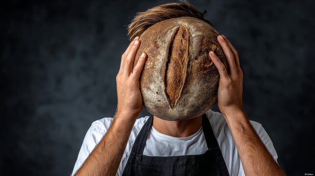 A man is holding a loaf of bread in his hands, with the crust of the bread covering his face. Concept of humor and playfulness, as the man's actions are unexpected and amusing
