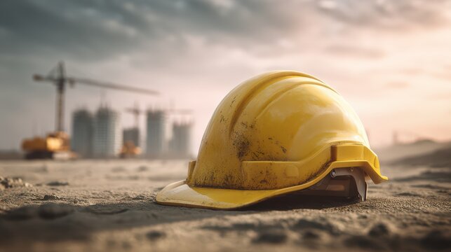 Yellow safety hard hat on dusty ground, modern construction site behind, shallow depth of field, photorealistic