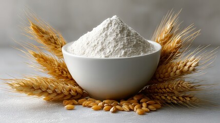Naklejka premium A bowl of flour is surrounded by wheat. The bowl is white and the wheat is golden. The bowl is filled with flour and the wheat is scattered around it