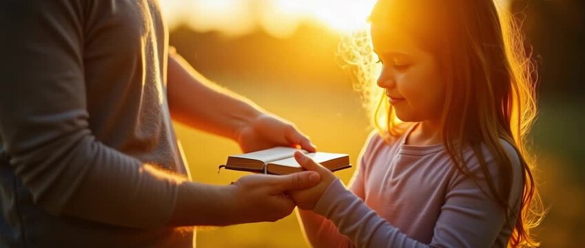 Parent gives a child the holy bible at sunset. Close-up of a young girl receiving the book. Passing on faith, religion, and knowledge to the next generation.