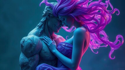 A visually striking and evocative abstract composition depicting two distinct figures in a tender, close embrace, symbolizing profound connection and harmony. One figure, rendered with a textured, sto