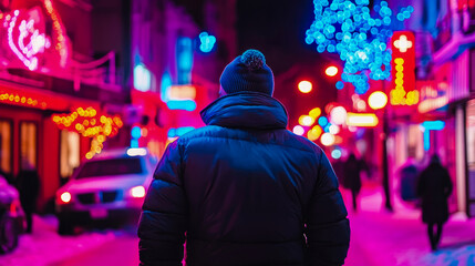 Obraz premium Vibrant night street scene illuminated by magenta and blue neon lights, featuring solitary person wearing warm jacket walking through colorful bokeh.