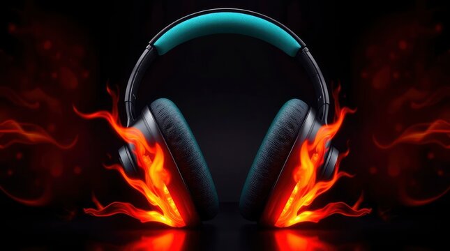 A strikingly artistic and conceptual image showcases a pair of sleek, modern over-ear headphones with vibrant teal padding on the headband and earcups, set against a deep, dark backdrop. Intense, fier