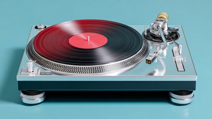 A silver record player with a red and black record on it. The record player is on a blue background