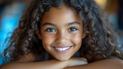 Heartwarming close-up of delightful young girl, her warm brown eyes sparkling with joy as she flashes radiant smile, framed by cascade of beautiful curly hair.
