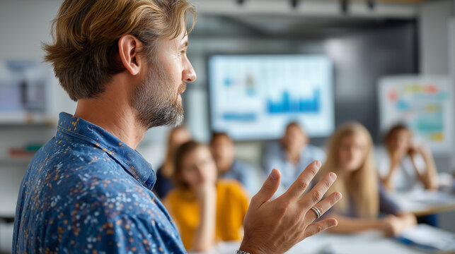 Male teacher engaging students in classroom presentation on graph data, faceless educator, interactive teaching methods, educational experience, learning opportunities, defocused s - Powered by Adobe