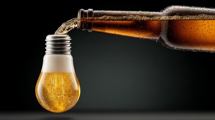 A bottle of beer is poured into a light bulb. The light bulb is filled with beer and the bottle is almost empty