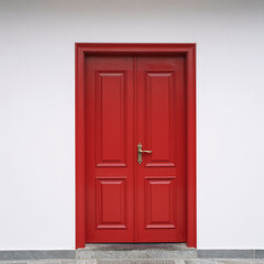 Bright red wooden front door on a white wall