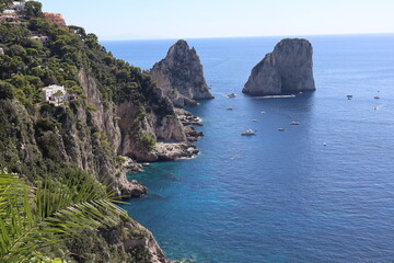 Fototapeta premium Palm leaves in the foreground frame the stunning landscape of the famous Faraglioni rocks of Capri island under clear blue sky, with sunlight and boats on the turquoise sea. 