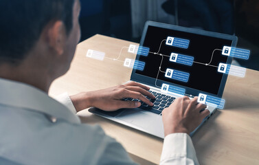 Blockchain structure showing distributed data blocks linked with encryption, representing secure...