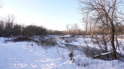 Śnieg i zaspy w lesie i nad rzeką. Piękny zimowy krajobraz. Ziemia pokryta grubą warstwą śniegu. © tomo81