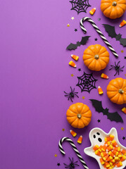 Fototapeta premium A vertical festive Halloween background featuring candy, pumpkins, and spooky decorations on a purple surface