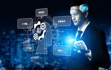 Obraz premium AI Virtual Assistant Artificial Intelligence Chatbot Controlled by Prompt Engineering for Explainable Generative AI information and LLM Deep Learning Technology for Smart Business Work Support. Vouch