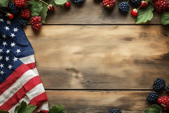 American flag and fresh berries frame on wooden table background. Top view of rustic patriotic picnic food border with copy space for 4th of July menu