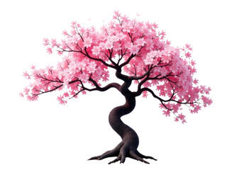 A small bonsai tree with pink flowers growing on a white background, ideal for decorative purposes or design projects