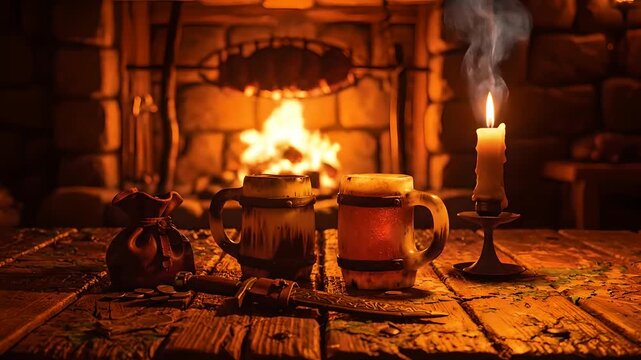 Two rustic beer mugs, a dagger, and coins rest on a worn wooden table, bathed in the warm glow of a flickering candle and a roaring fireplace, creating a cozy medieval tavern or fantasy pub...
