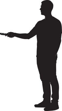 Silhouette of a man standing and pointing a remote control, representing home entertainment or controlling smart devices.