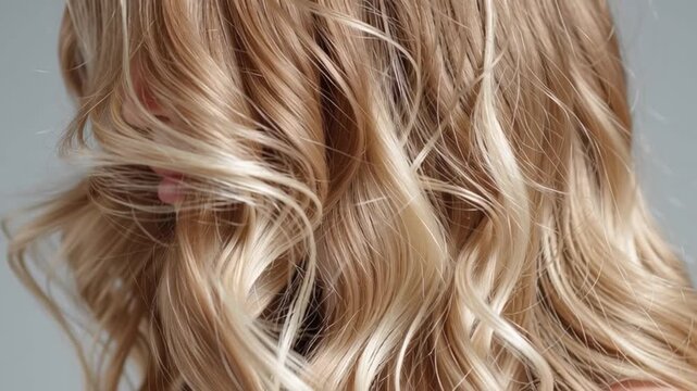 A beautiful blonde woman with voluminous, styled wavy hair in a studio close-up on a neutral background, showcasing flawless hair color and salon styling.