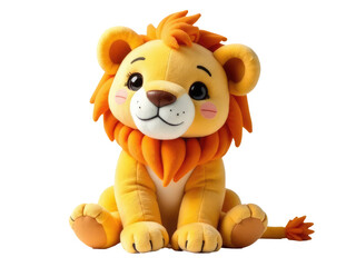 Obraz premium A cuddly toy lion sits on a clean and simple white background, perfect for use in illustrations, designs, or as a prop