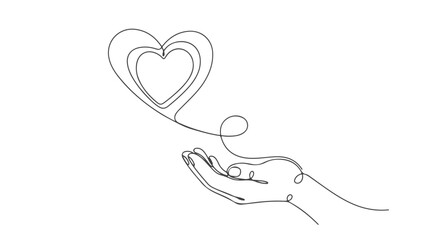 One line art continuous drawing of a hand holding a heart representing love and care, a minimalist design © PDWN Creative