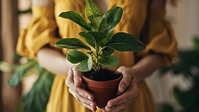 Gentle female hands carefully holding a small houseplant in a pot, representing concepts of growth, new life, nurturing, and environmental consciousness in a cozy, warm setting