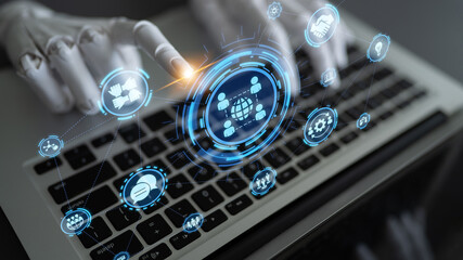 AI assisted networking with people connection, collaboration and digital community icons showing...