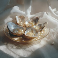 Elegant Oyster Shells with Pearls on Soft Fabric Background