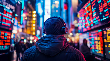 Fototapeta premium Person wearing headphones facing large vibrant digital billboards displaying data in busy, colorful, futuristic city at night, surrounded by bokeh lights and blurred figures, evoking sense of urban im