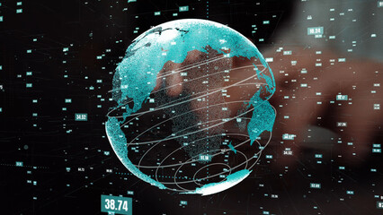 This image features a 3D digital globe with a vibrant blue hue, surrounded by data points and statistics, showcasing the blend of technology and global analytics in a futuristic design. Xenic
