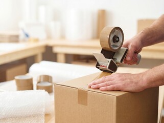 Person packing a cardboard box with tape in a workspace during daytime